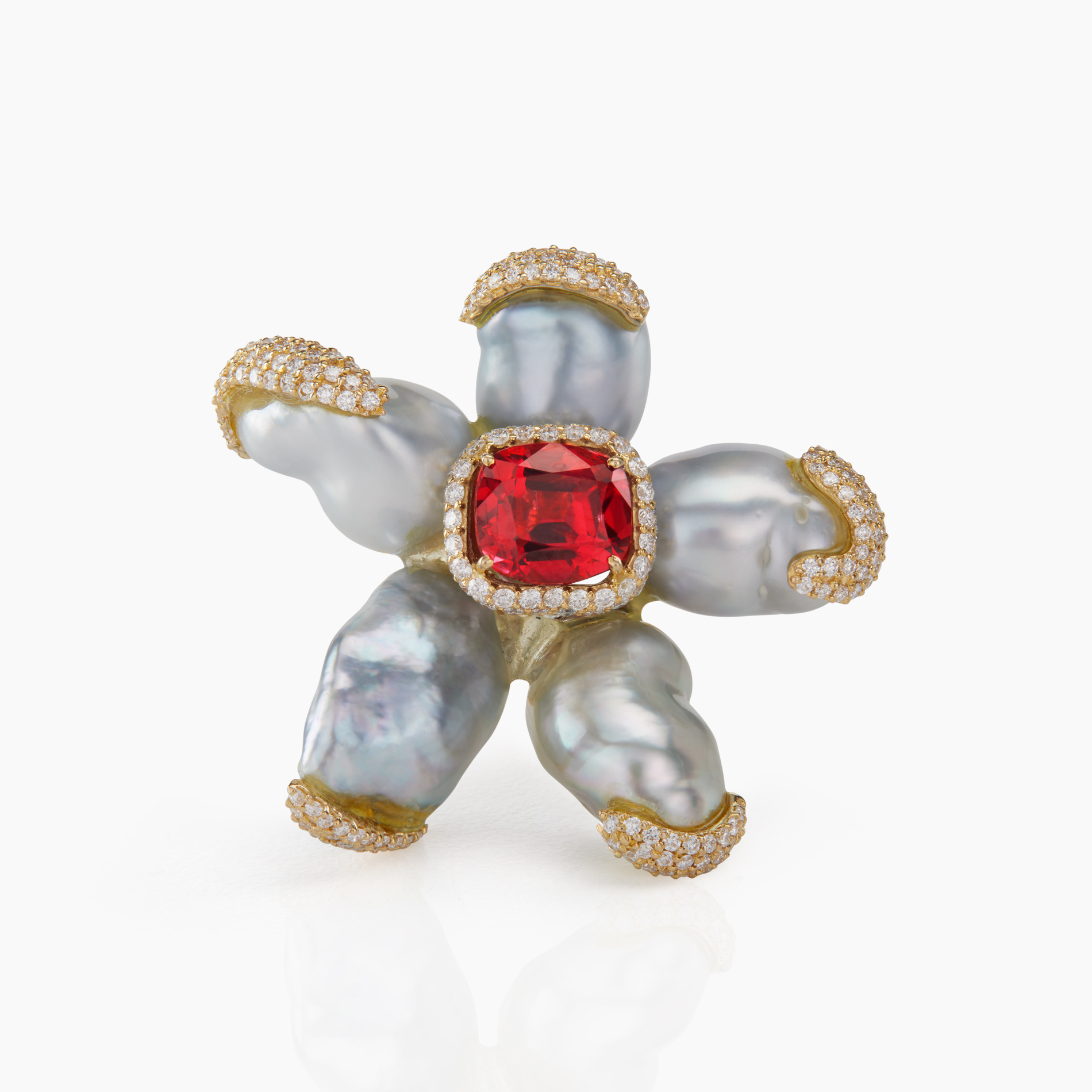 Five Petal Barqoue Peal & Diamond Ring