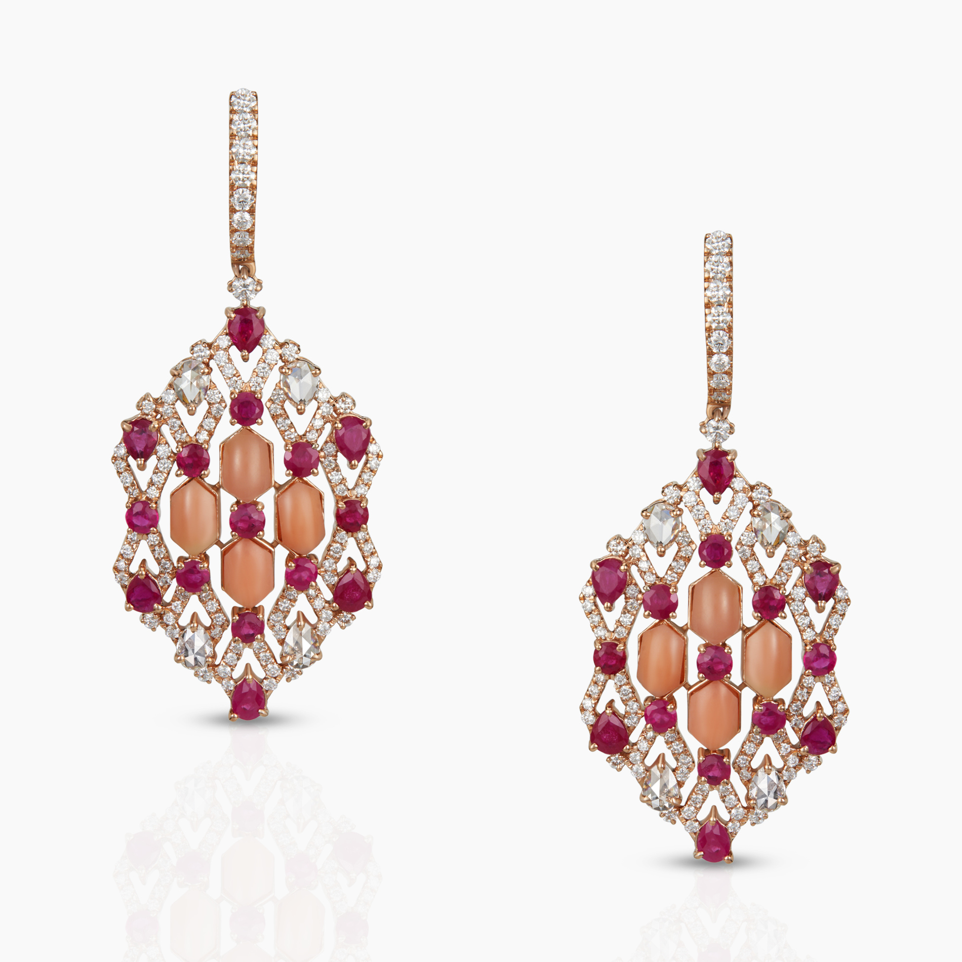 Coral & Ruby Hexagon Earrings