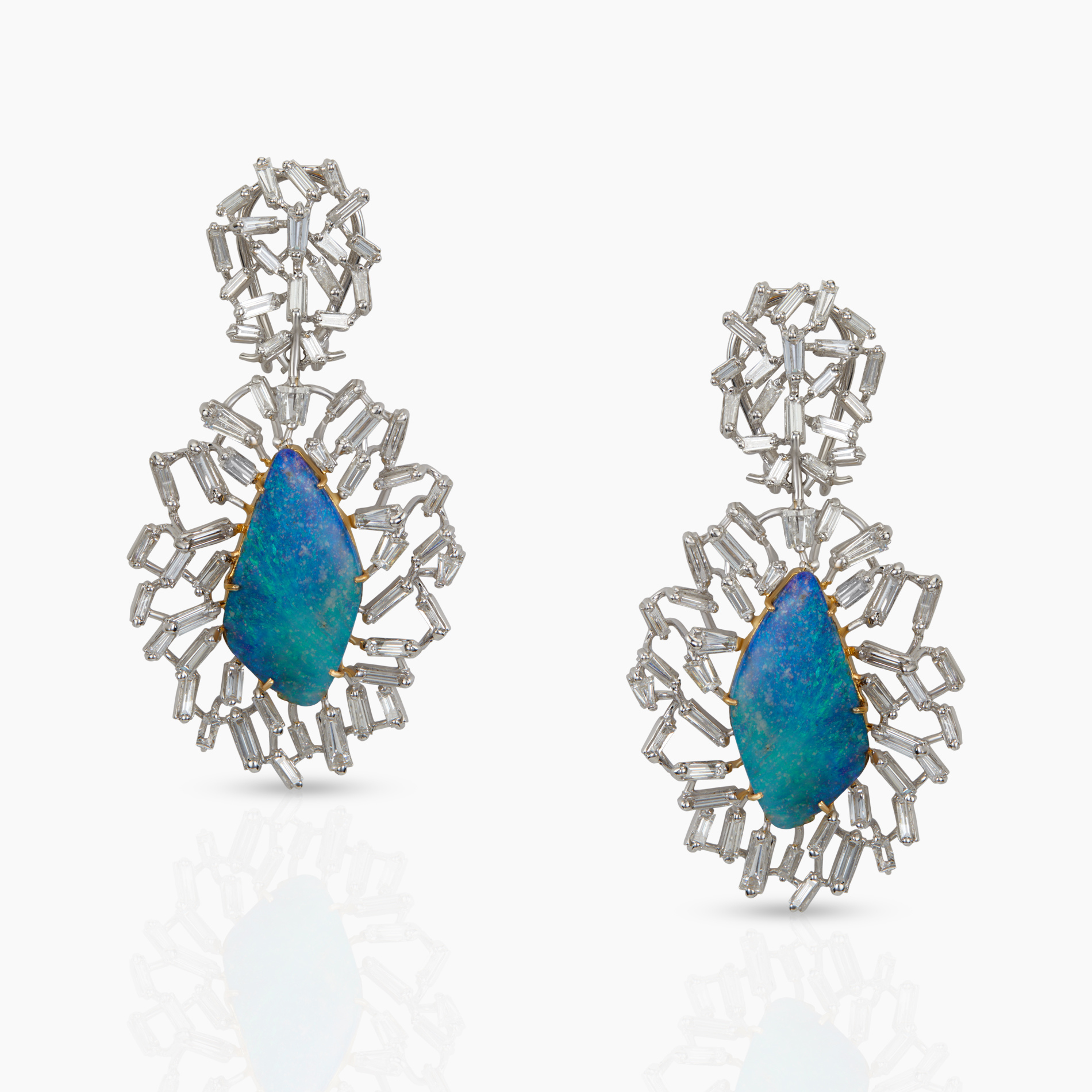 Rare Blue Opal & Baguette Diamond Earrings